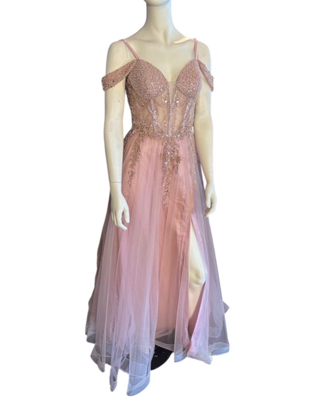 A-Line Sweetheart Neck w/ Sparkling Beaded Sheer Bodice & Tulle Skirt Pink Sz 6